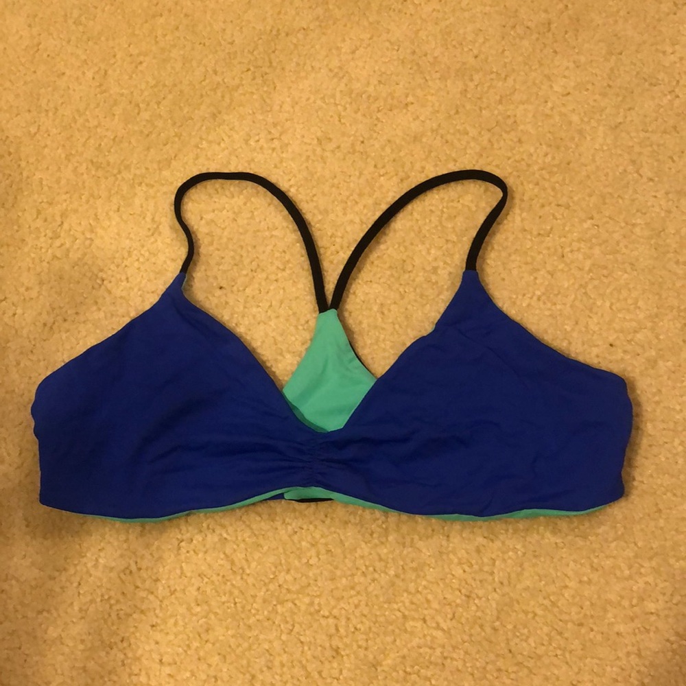 LSpace reversible cobalt and teal razorback bikini top with slits